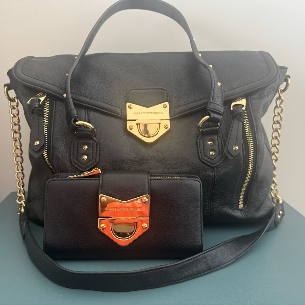 Amy Kestenberg Black Gold Hardware Leather Bag and Wallet